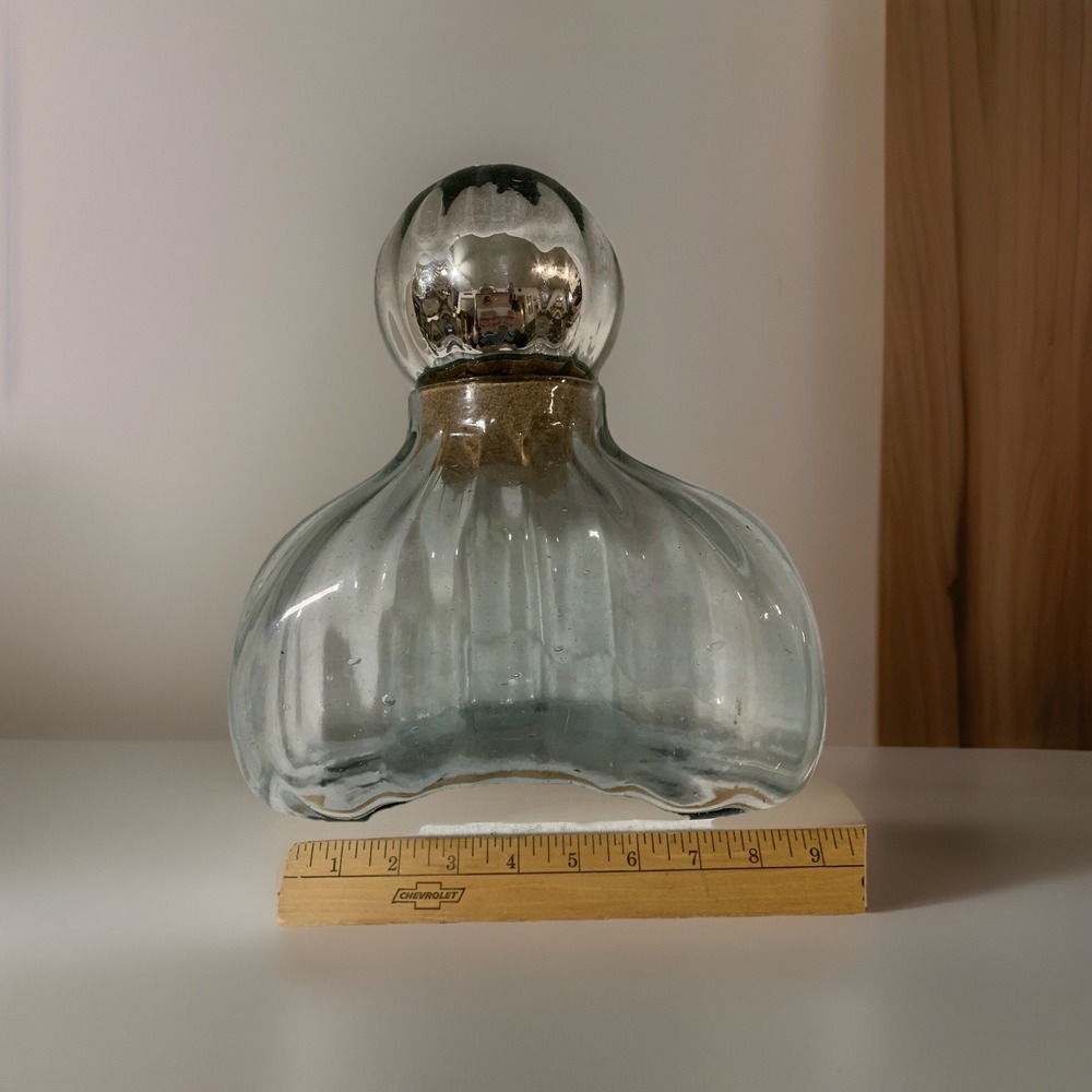 1980's Mexican Hand Blown Glass Decanter with Mercury Glass Sphere Stopper